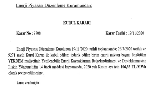 YAYINLANDI: Konu 'Revize YEKDEM Fiyatları'