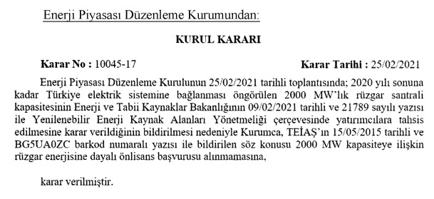 200 MW kapasiteye ilişkin RES önlisans başvurusu alınmayacak!