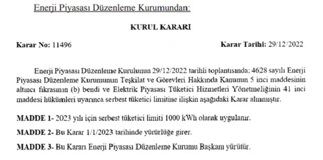 2023 yılı - Elektrik Serbest Tüketici limiti!