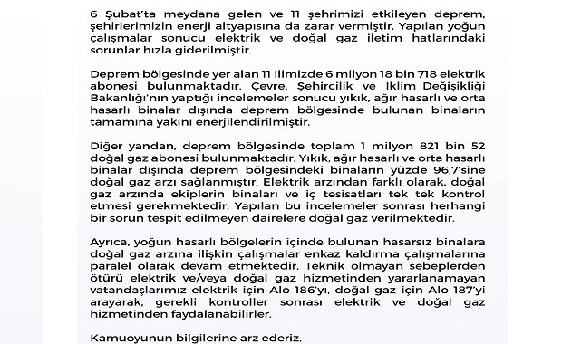 'Depremin etkilediği 11 ilimizdeki elektrik ve doğal gaz arzı' - Enerji Bakanlığı açıklaması!