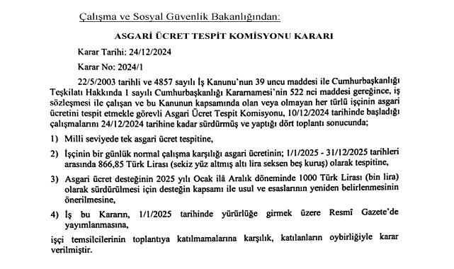Asgari Ücret Tespit Komisyonu Kararı yayınlandı - Asgari ücret günlük 866,85 TL