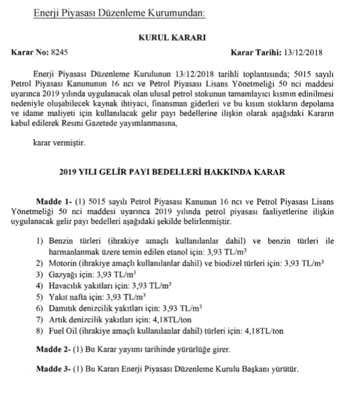EPDK: 2019 yılı akaryakıt ürünleri Gelir Payları'nı belirledi