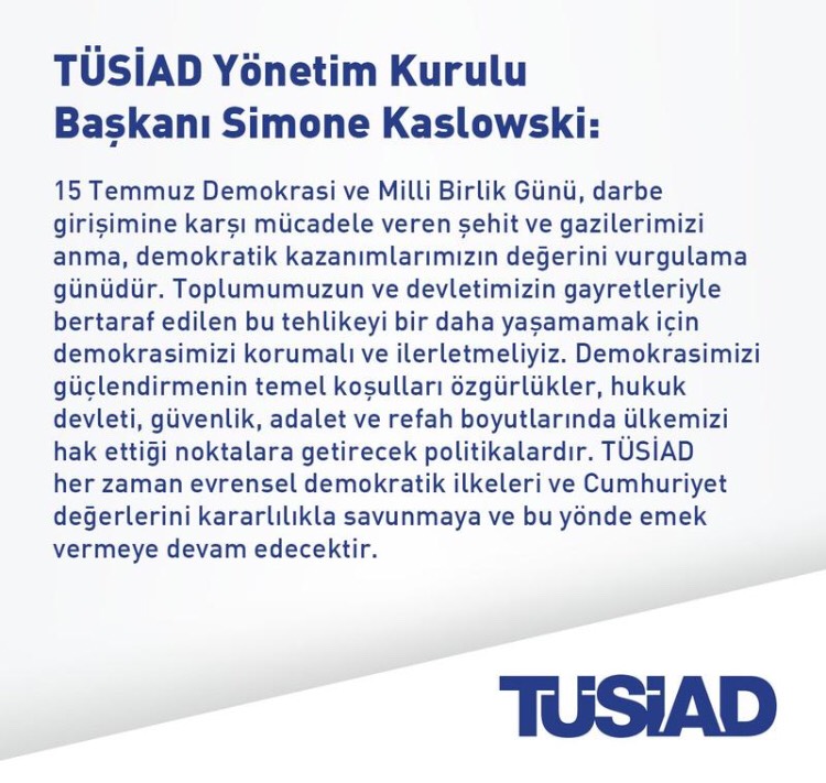 TÜSİAD’ın ‘15 Temmuz Demokrasi ve Milli Birlik Günü’ açıklaması