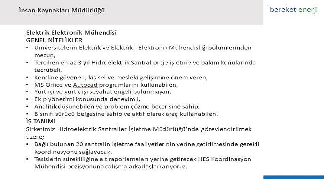 Bereket Enerji’de iş-kariyer imkanı!
