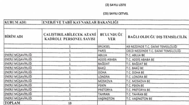 İşte Enerji Müşaviri atanacak ülkeler!