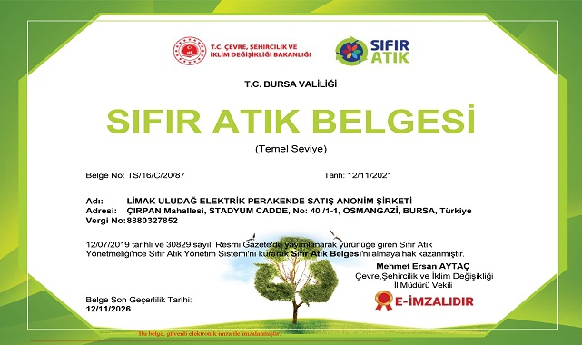 &#039;Sıfır Atık Belgesi&#039; almaya hak kazandı - Limak Enerji Uludağ Elektrik !