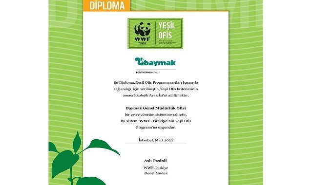 Elektriğini yüzde 100 yenilenebilir enerjiden sağlayan Baymak &#039;Yeşil Ofis Diploması&#039; aldı!
