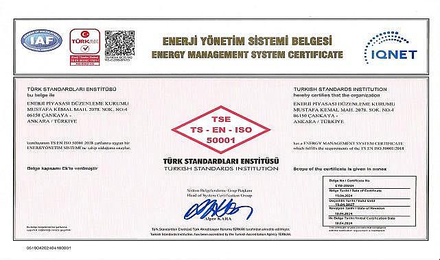 Enerji Yönetim Sistemi Belgesi aldı!