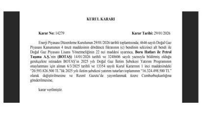BOTAŞ Yatırım Tutarı değişti 'EPDK Kurul Kararı'