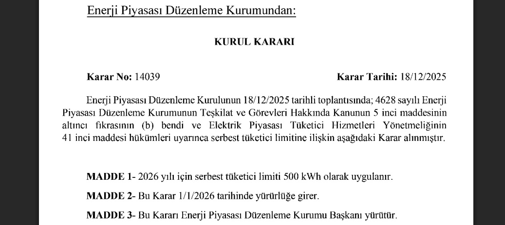 2026 yılı elektrik serbest tüketici limitini açıklandı!