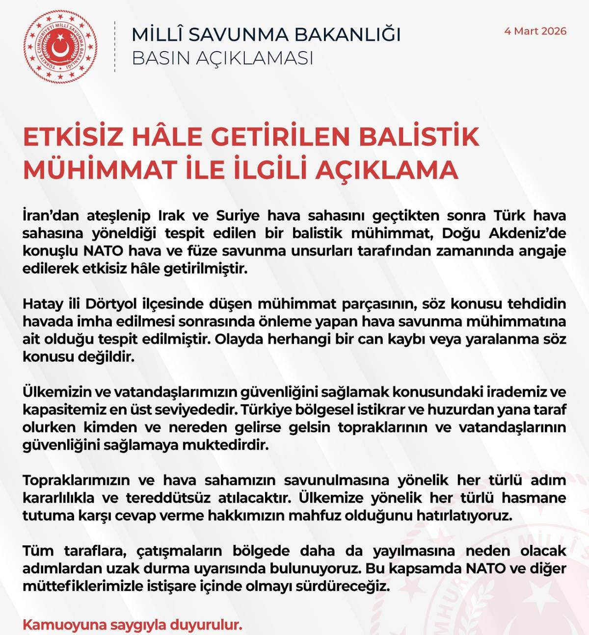 Etkisiz Hâle Getirilen Balistik Mühimmat ile İlgili Açıklama