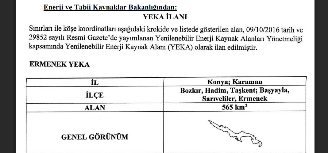 Konya ve Karaman'da 'Yeni YEKA alanları İlanı' yayınladı