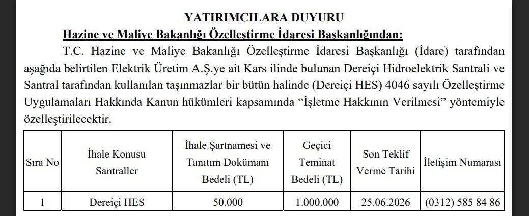 EÜAŞ Dereiçi HES satışa çıkarıldı İŞTE ayrıntılar!