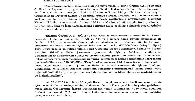EÜAŞ Gaziler Hidroelektrik Santrali'nin satışına onay!