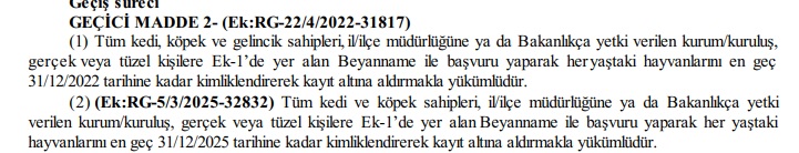 DİKKAT 'Kedi ve köpekler sahipleri SON tarih 31 Aralık'
